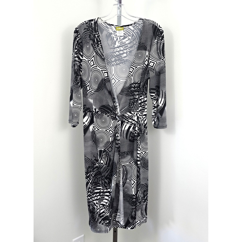 Acorn‎ Wrap Front V-neck 3/4 Sleeve Black White Print Dress Large